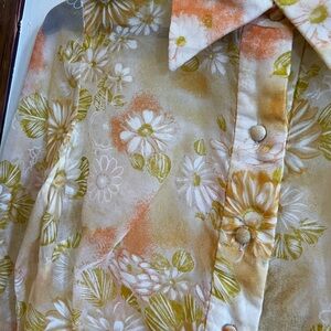 Vintage Floral Semi Sheer Button-Up Blouse in Cream, Olive & Peach